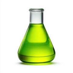 Glowing green chemical liquid in beaker isolated lab setting science concept