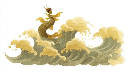 The Amabie yokai mermaid with tail in waves on white background