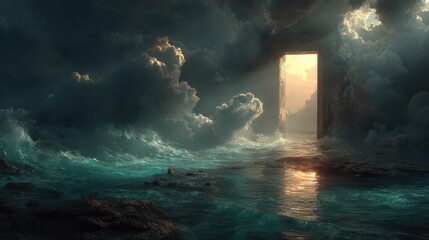 Mysterious doorway emerges from waves ocean scene fantasy art dramatic lighting