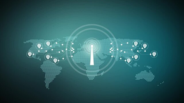 telecommunications network interface system, digital communications, modern technology, global connectivity, mobile data services. Antenna tower icon collection. Wireless radio signal symbol - Powered by Adobe
