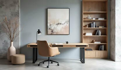 Modern minimalist home office with wooden desk, beige chair, and abstract wall art