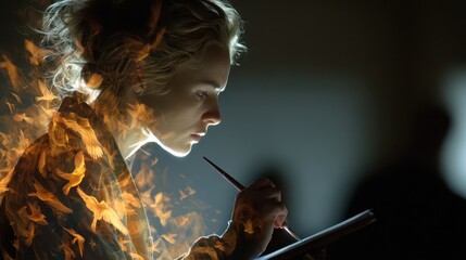 Creative artist sketching amidst fiery inspiration in studio