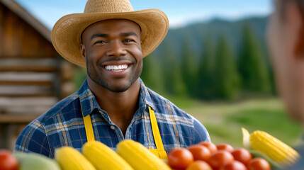 Farmer with wide smile interacts with customer while showcasing fresh vegetables. Bright sunny day in outdoor market near rustic wooden cabin