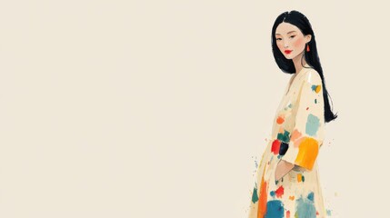Artistic fashion illustration of a stylish Asian woman in a colorful abstract print coat, with copy space for text