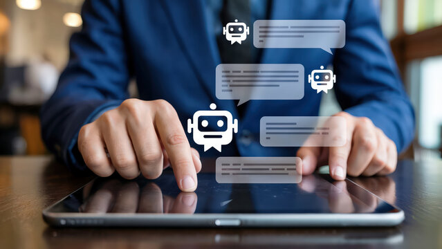 Engaging with artificial intelligence, a professional interacts with chatbots on a sleek tablet, showcasing modern communication and technological advancements in business solutions. - Powered by Adobe