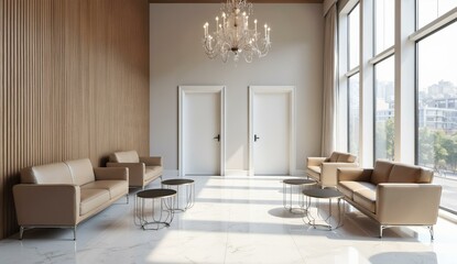 Modern Lobby with Beige Sofas, Large Windows, and Marble Flooring