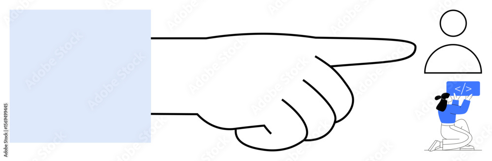 Poster large hand pointing at user icon, and below, a developer holding a code symbol. ideal for themes of 
