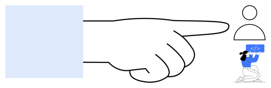 Large hand pointing at user icon, and below, a developer holding a code symbol. Ideal for themes of hierarchy, responsibility, recruitment, digital work, code review, authority simple landing page