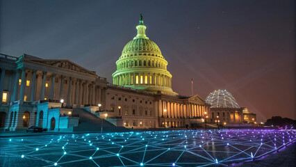 United states capitol building illuminated at night with a futuristic digital network overlay