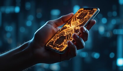 Hand holding a smartphone with illuminated circuit patterns against a blurred cityscape background