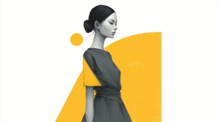 Minimalist fashion illustration of an elegant Asian woman with a bold yellow graphic design