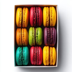 Gourmet macarons display colorful treats against a white background
