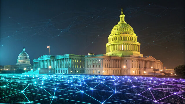 United states capitol building illuminated at night with a futuristic digital network overlay