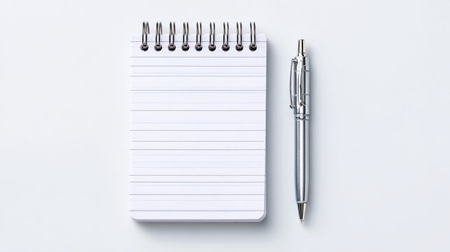 Minimalist table with an empty notebook and pen, softly lit from above on a clean white background.