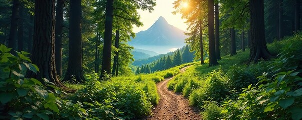 Winding Forest Trail to Mountain Peak Dappled Sunlight, Lush Greenery, Perfect for Adventure and Exploration Projects