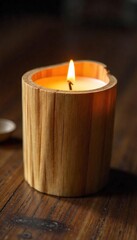 Handcrafted Wooden Beeswax Candle Rustic Amber Glow for Cozy Ambiance, Featuring Intricate Wood Grain Detail, Perfect for Relaxation and a Sustainable Lifestyle.