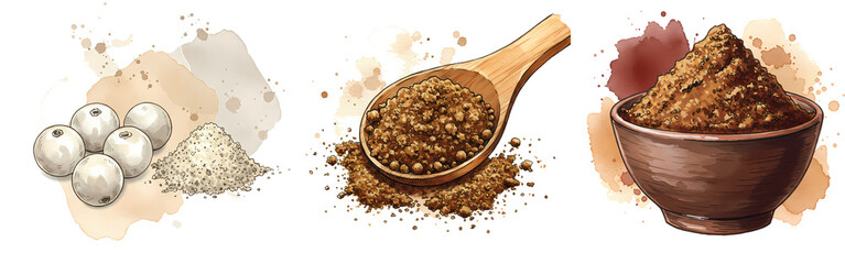 A composition of spices in wooden spoon and bowl with white peppercorns and powder on light spots on transparent background