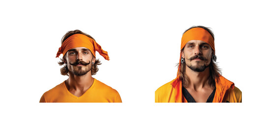 Man wearing orange bandana with unique mustache and orange shirt, expressive facial expression