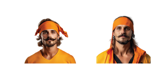 Man wearing orange bandana with unique mustache and orange shirt, expressive facial expression