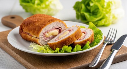 Crispy Breaded Cordon Bleu Roll Sliced Fresh Lettuce Garnish Wooden Cutting Board Presentation