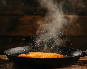 Crispy Food Frying in Pan with Steam and Sizzle