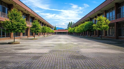 Naklejka premium A spacious, empty courtyard with brick pavers and trees, surrounded by two red-brick buildings with balconies and windows, under a blue sky with white clouds.