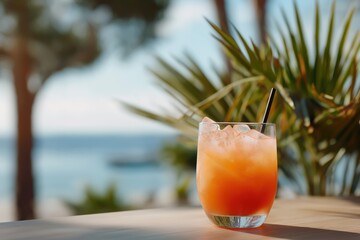 Refreshing tropical cocktail on sunny beachfront with ocean view
