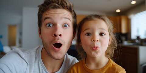Young caucasian male and female child making funny faces indoors