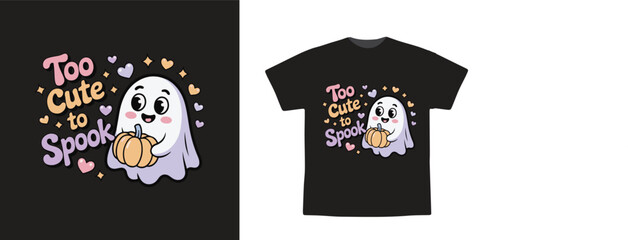 Cute Halloween Ghost Holding Pumpkin with ‘Too Cute to Spook’ Quote – Pastel Kawaii T-Shirt Vector Design