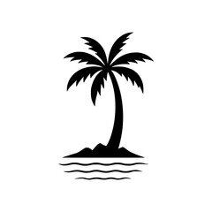 Tropical Palm Tree Silhouette Icon &ndash; Isolated Island with Water in Flat Design Style