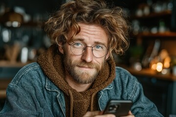 A young man with a beard and glasses is focused on using a budgeting app on his cellphone.