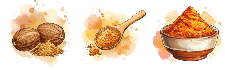 A watercolor style depiction of nutmeg whole and ground with a spoon and bowl on a light backdrop on transparent background