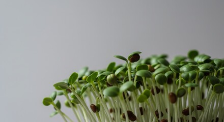 close-up microgreen, komposisi modern minimal, sudut unik atau ruang fotokopi, cahaya lembut,