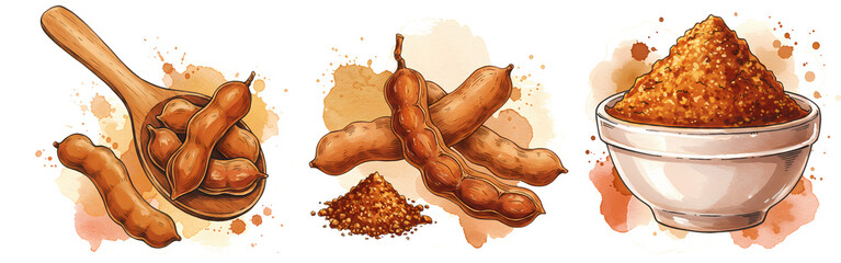 Three depictions of tamarind pods and powder with a wooden spoon and a white bowl of spice on transparent background
