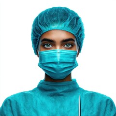 Female surgeon in scrubs and mask performing surgery in hospital operating room