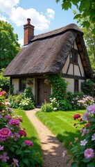 Charming Thatched Cottage in Vibrant English Garden, Blooming Flowers, Lush Greenery, Idyllic Rustic Home, Perfect for Home Decor and Travel Imagery