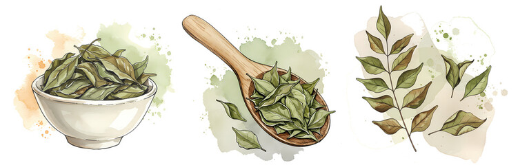 Three watercolor depictions of curry leaves in a bowl spoon and branch on a white background art piece on transparent background