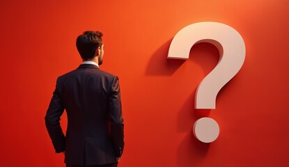 A man in a suit stands facing a large question mark against a red background.