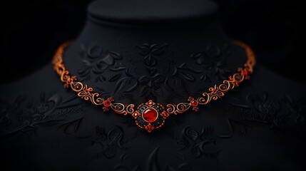 Ornate Gold Necklace with Red Gems on Black Luxury Background