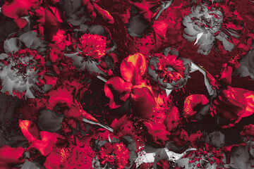 High-contrast digital floral artwork in dramatic red and black shades. Intense and expressive background design