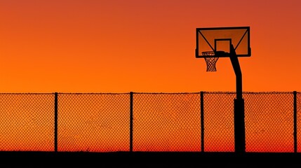 A basketball hoop silhouetted against a vibrant orange and red sunset sky, with a chain-link fence in the foreground.