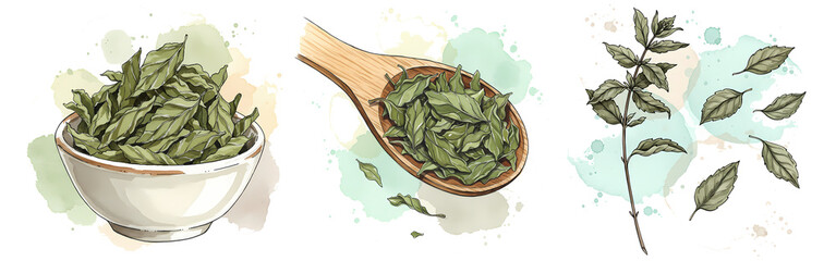 A set of images featuring a bowl, spoon, and branch filled with small green leaves on a plain setting on transparent background