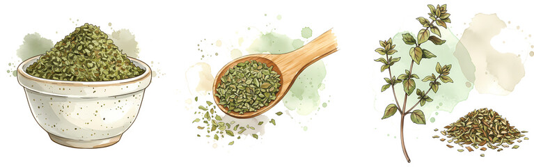 A watercolor painting of oregano presented in a bowl spoon and plant with a pile of the dried herb on transparent background