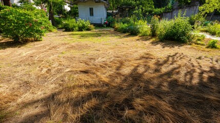 Sunny backyard garden with dry brown grass and moss patches after drought, freshly mowed with lawnmower and strimmer, showing overgrown lawn needing watering, weed control, feeding for grass revival
