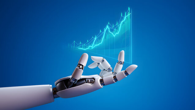 Photo of robot hand presents a rising financial chart on blue background