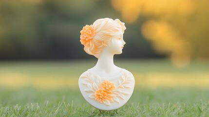 Vintage Cameo Woman Profile with Orange Flowers on Grass