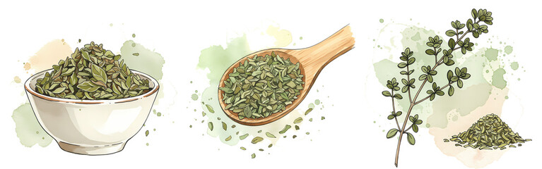 A set of images showcasing dried herbs in a bowl, spoon, and fresh thyme with a watercolor style splash on transparent background