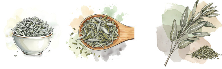Three watercolor depictions of sage leaves in a bowl, spoon, and branch with a pile of leaves on transparent background