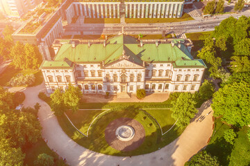 Krasinski Palace and National Library in Warsaw, Poland, view from above with green park