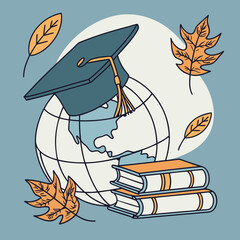 colorful graduation globe with books and autumn leaves, digital art
